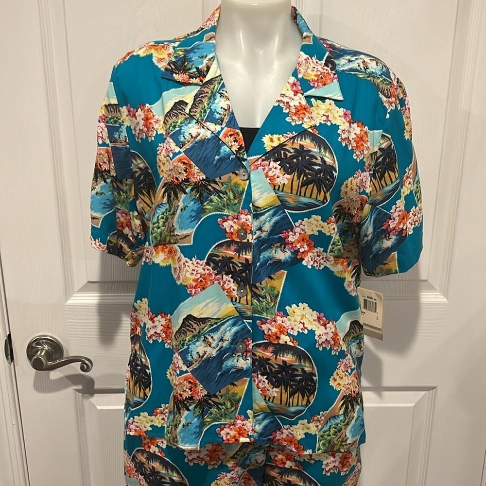 Notations vintage Hawaiian print button down top & pull on pants size LP NWT - Picture 3 of 13